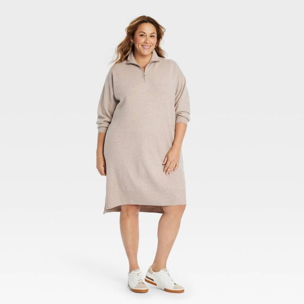 Women's Quarter Zip Long Sleeve Mini Sweater Dress - Ava & Viv Taupe 2X